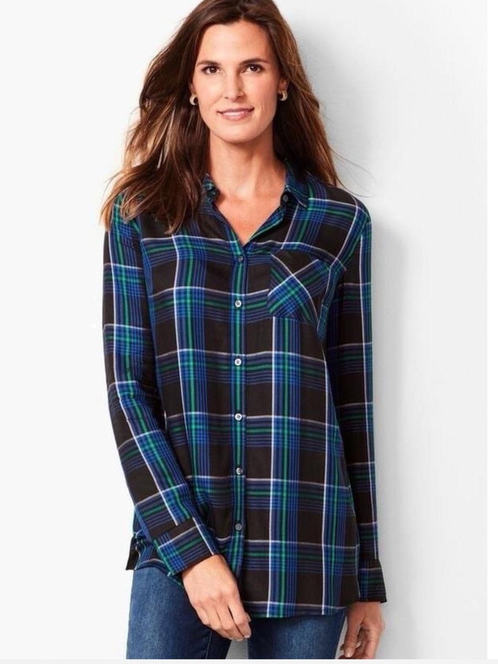 Talbots Longer Length Tartan Plaid Shirt. Size Large.